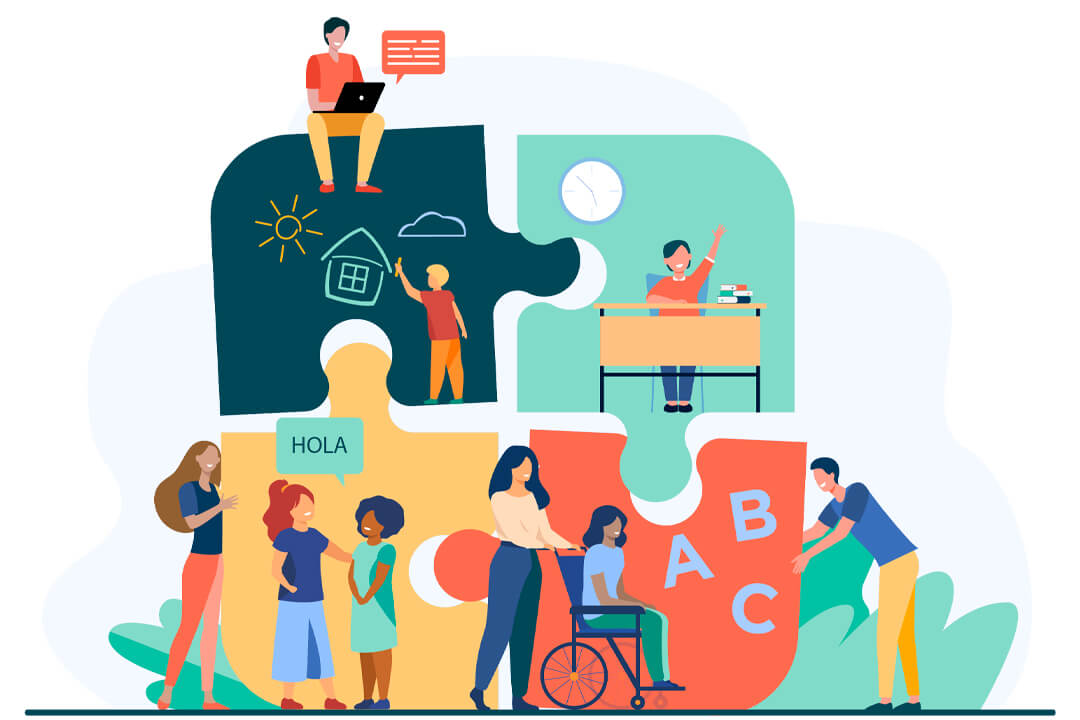 illustration of a group of teachers and special education students overlayed on background of four puzzle pieces (image thanks to pch.vector on Freepik)